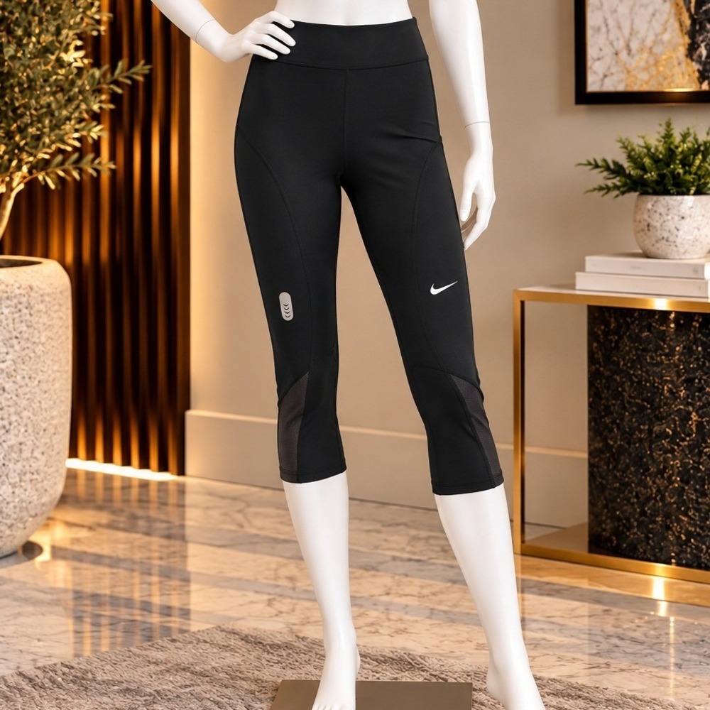 Nike Womens Leggings Dri-FIT Mesh Panel Cropped Running Tights Black Size XS